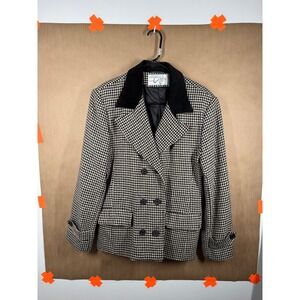Lawrence Ciga Houndstooth Wool Blend Blazer Jacket‎ Corduroy Collar Womens